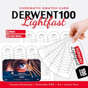 Op de afbeelding: Een printbare chromatische kleurstaalkaartset voor Derwent 100 Lightfast kleurpotloden. Het document bevat lege en gelabelde sjablonen met boogvormige bovenkanten, ontworpen voor het organiseren van kleurnamen. Inclusief een afbeelding van een blikken doos.