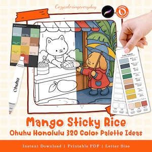Peut inclure: Une page de coloriage numérique intitulée Mango Sticky Rice montrant un chat servant de la nourriture à un chien avec un parapluie. Inclut un marqueur Ohuhu, une carte d'échantillons de couleurs avec codes hexadécimaux et une grille de teintes.