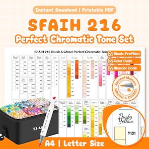 SFAIH 216 Rotuladores de Alcohol Perfect Chromatic Tone Set / En blanco + Precargados / Color + Código de Mezcla / Pincel y Punta Biselada / PDF A4 Carta