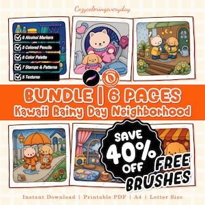 May include: A digital coloring bundle titled Kawaii Rainy Day Neighborhood featuring six pages of illustrated scenes with cartoon animals in rain gear. The set includes six alcohol markers, five colored pencils, six color palettes, seven stamps, and five textures.