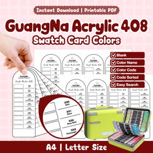 Könnte beinhalten: Ein druckbares PDF mit GuangNa Acrylic 408 Farbmusterkarten. Das Bild zeigt Farbmuster, eine Lupe und einen limettengrünen Tragekoffer mit Markern. Der Text enthält "Sofort-Download", "Farbe", "Farbcode", "Code sortiert" und "Einfache Suche".