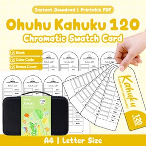 Könnte beinhalten: Ein druckbares PDF-Set mit Ohuhu Kahuku 120 chromatischen Farbkarten, inklusive leerer Vorlagen, Farbcodes und einem Bonus-Cover. Das Set enthält mehrere bogenförmige Karten für 120 Farben sowie eine schwarze Aufbewahrungstasche für Marker.