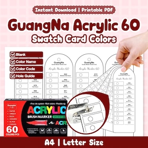 Op de afbeelding: Een afdrukbare PDF met een GuangNa Acrylic 60 kleurstalenkaart met kleurnamen en -codes. De afbeelding bevat een doos met acryl brush markers en een hand die de kleurstalenkaart vasthoudt. De tekst luidt "Direct downloaden" en "A4 | Letter Size."