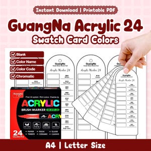 May include: Printable PDF of GuangNa Acrylic 24 swatch card colours. The image shows a box of acrylic brush markers and colour swatch cards. The cards are being held by a hand. The box has the text "ACRYLIC BRUSH MARKER".
