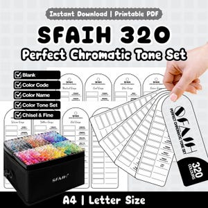 May include: A printable PDF set for SFAIH 320 Perfect Chromatic Tone markers, featuring a black storage case filled with colorful markers and white swatch cards with text including Blank, Color Code, Color Name, Color Tone Set, and Chisel & Fine.