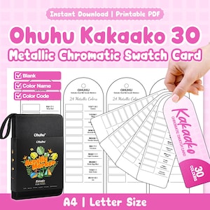 May include: A printable Ohuhu Kakaako 30 Metallic Chromatic Swatch Card PDF featuring blank templates for colour names and codes. The set includes a black carrying case for 24 acrylic markers and multiple arched swatch tags for organising colours.