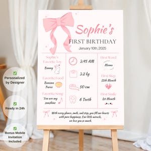 Pink Bow First Birthday Sign - Baby Girl Milestone Poster - Personalized 1st Birthday Welcome - Printable Coquette Party - Digital Download