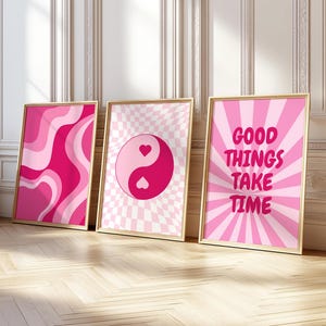 Arte de pared en rosa preppy, pósteres de buenas vibras, arte Yin Yang, decoración de dopamina, decoración de habitación abstracta ondulada estética, impresiones con citas positivas