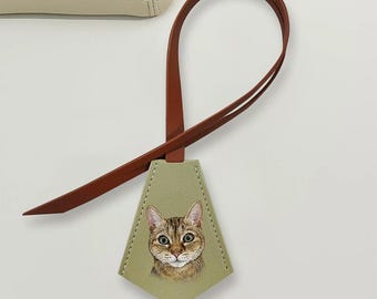 Pet Portrait leather bag charm, Custom key bell clochette bag tag, purse bag charm, cat charm, luggage charm LWH327AJZTT