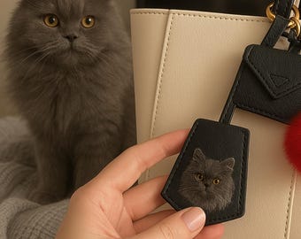 Pet Portrait leather bag charm, Custom key bell clochette bag tag, purse bag charm, cat charm, luggage charm LWH327AJZTT