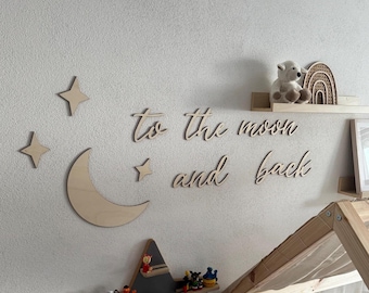 "To the moon and back" wooden saying, wooden sign, children's room, baby's room, wall decoration, wall sticker, wooden wall lettering, moon