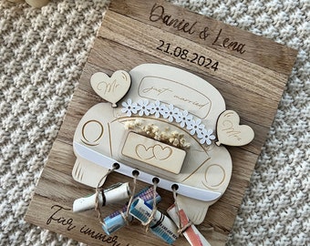 Personlig pengagåva till bröllop, bröllopsbil, bil, brud och brudgum, pengagåva, bröllopspresentpengar