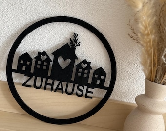 Door sign home, door sign autumn, housewarming gift, moving in, home wooden decoration, door wreath, black decoration minimalist, little house