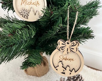 personalized Christmas tree pendant, Christmas bauble, Christmas tree pendant, pendant with snowflake, wooden Christmas tree bauble