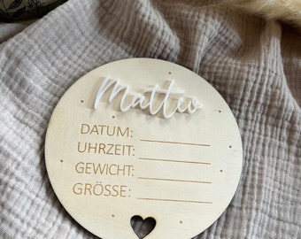 Houten mijlpaalkaart met geboortegegevens, naamkaartje, cadeau voor een pasgeborene, Hallo wereld, geboorteaankondiging