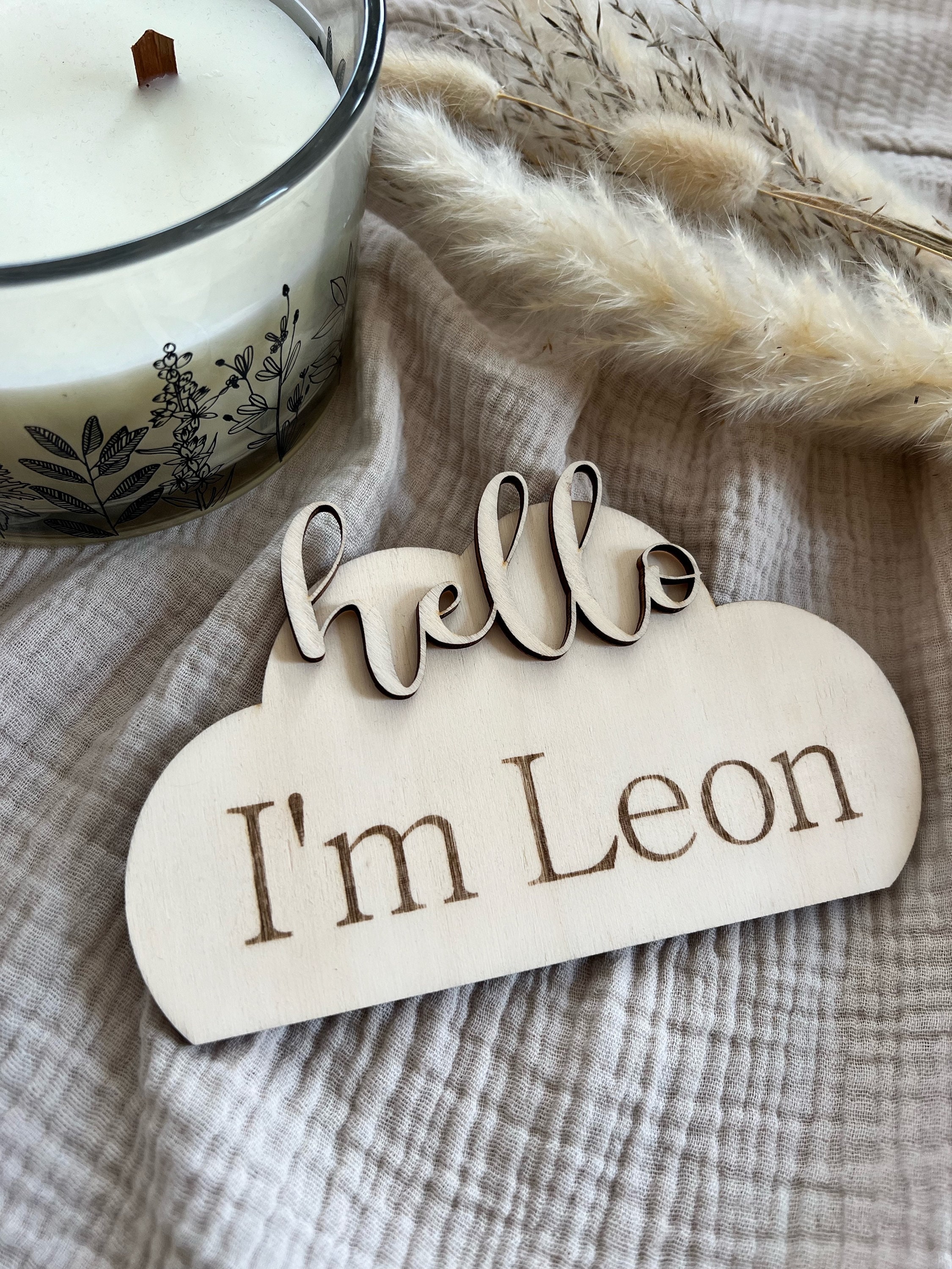 Wooden milestone card with birth dates, name plate, birth gift, hello world, birth announcement