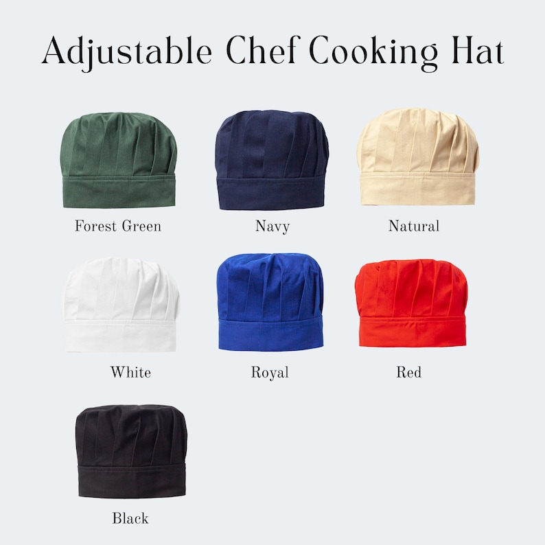 May include: An assortment of adjustable chef cooking hats in various colors, including forest green, navy, natural, white, royal blue, red, and black. The text "Adjustable Chef Cooking Hat" is displayed at the top, with each hat color labeled below.