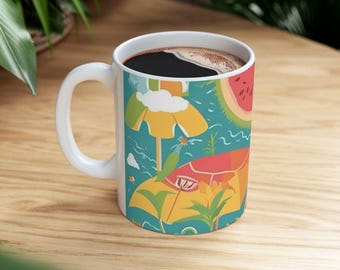 Summer Beach Vibes Ceramic Mug, Ocean Theme Coffee Cup, Tropical Drink Tea Mug, Coastal Decor Kitchen Gift, Seaside Holiday Mug