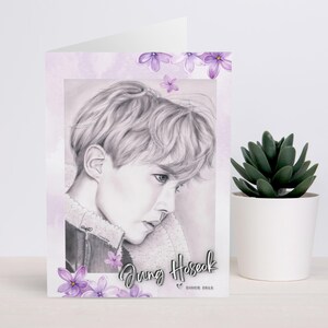 Tarjetas de felicitación (paquete de 5) Diseño de flores moradas de BTS j-hope Jung Hoseok, impresión frontal y posterior del fanart original de Bangtan dibujado a mano