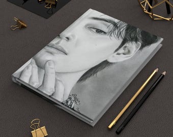 Hardcover Journal Matte BTS V Kim Taehyung print notebook hand drawn charcoal portrait fanart art gift for army mom sister bestie girlfriend