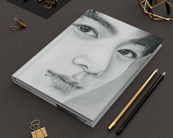 Hardcover Journal Matte BTS Jeon Jungkook print notebook hand drawn charcoal pencil fanart portrait art gift army mom sister girlfriend wife