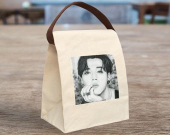 BTS Park Jimin Print of hand drawn charcoal portrait on Canvas Lunch Bag with strap, Bts Fanart, Bts gift, Army Gift, Bts Decor, Army Decor