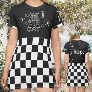Vestito T-shirt BTS j-hope JITB, abito da concerto a quadri bianco su nero, abbigliamento casual per fan del Kpop, Jack In The Box, Hope On The Stage