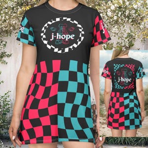 Vestito T-shirt BTS j-hope JITB, Jack In The Box, motivo a scacchi rosa e blu, abbigliamento per fan Kpop, abito da concerto del tour Hope On The Stage