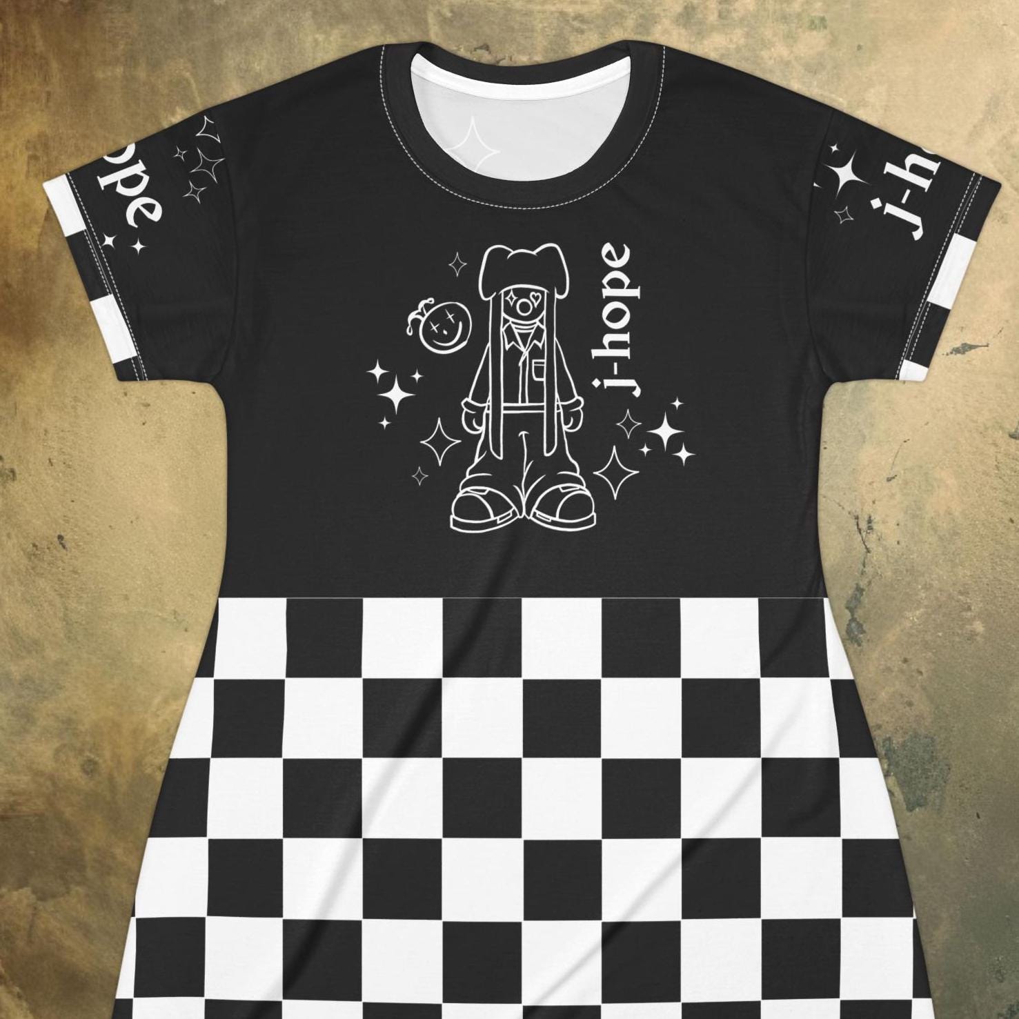 BTS J-hope JITB T-shirt Dress, White on Black Check Concert