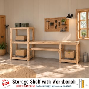 May include: A light-colored wooden storage unit featuring a tall shelving section on the left and a lower workbench area on the right. The unit includes three cardboard boxes on the shelves and a pegboard mounted on the wall with various tools.