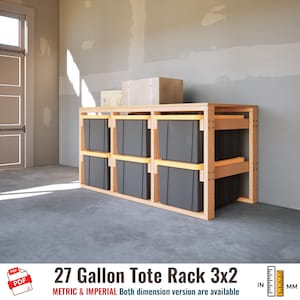 May include: A wooden storage rack featuring three sections with two levels each, designed to hold six 27-gallon totes. The frame is constructed from light-coloured wood, and the unit includes yellow-lidded dark grey plastic storage bins.