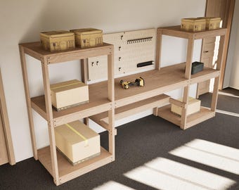 DIY Storage Shelves with Workbench Plans – 11 ft Wide Wooden Unit with Multiple Shelves and Plywood Top PDF Download