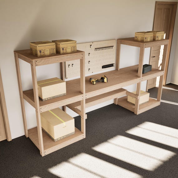 DIY Storage Shelves with Workbench Plans – 11 ft Wide Wooden Unit with Multiple Shelves and Plywood Top PDF Download