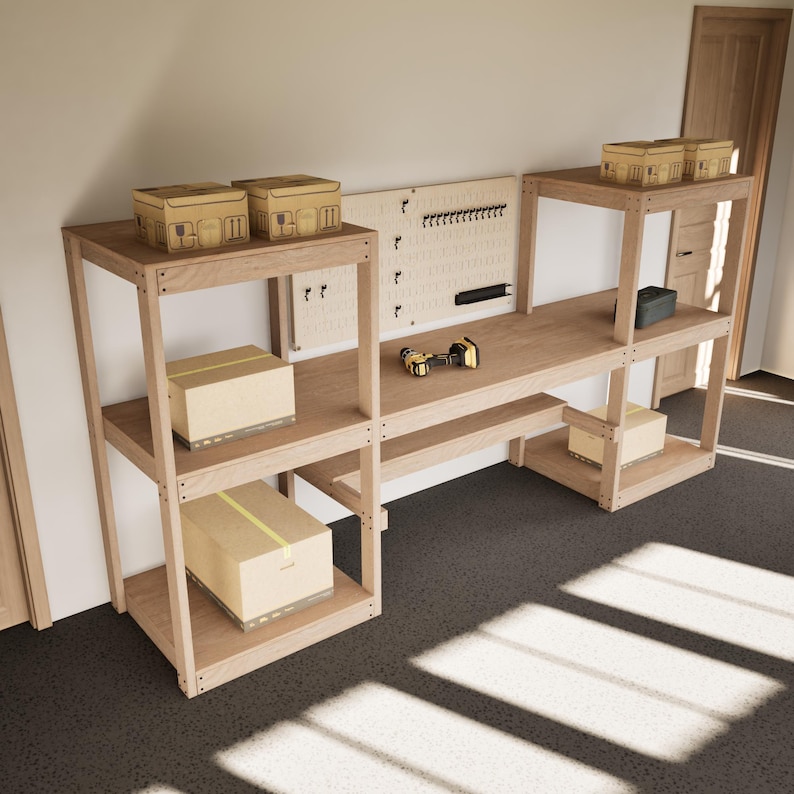 May include: A light-colored wooden workbench with multiple shelves and a pegboard. Cardboard boxes are placed on the shelves. A cordless drill and a small gray box are on the workbench surface. The workbench is in a room with a door.