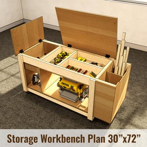 May include: A wooden storage workbench plan, measuring 30" x 72", with multiple compartments for tools and supplies. The workbench has a hinged lid and side storage. A yellow planer is visible inside the workbench.