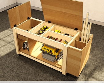 DIY Workbench Plans Storage Bench With Hinged Top Hidden Compartment Lower Shelves Side Bin PDF