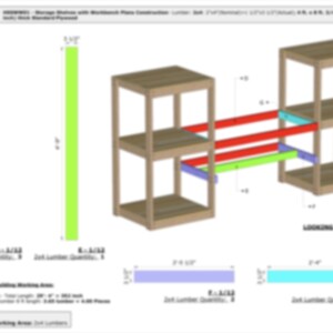 May include: Diagram of a workbench with storage shelves. The design includes two three-shelf units connected by horizontal supports. The diagram shows measurements in inches and the quantity of lumber needed for construction.