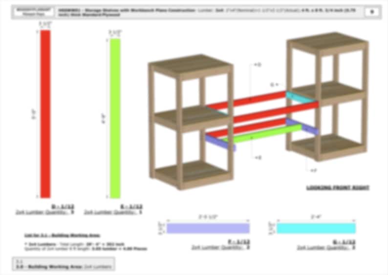 May include: Diagram of a workbench with storage shelves. The design includes two three-shelf units connected by horizontal supports. The diagram shows measurements in inches and the quantity of lumber needed for construction.