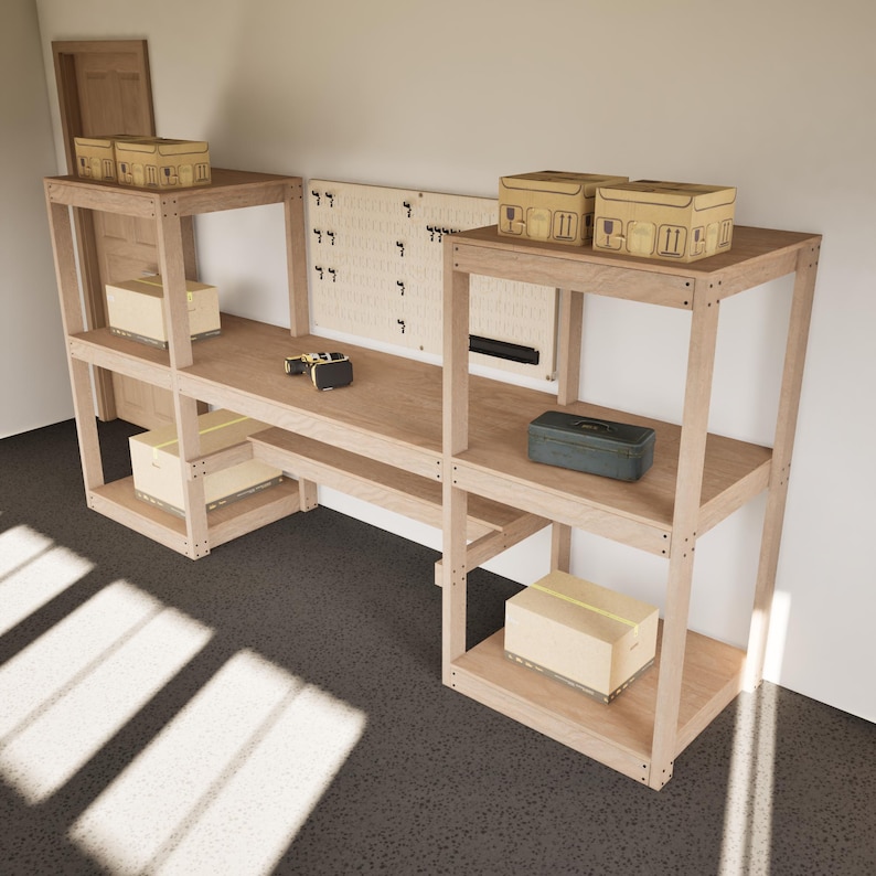 May include: A wooden workbench with multiple shelves and a pegboard. Cardboard boxes and a toolbox are placed on the shelves. The workbench is in a room with a door and a dark gray floor.