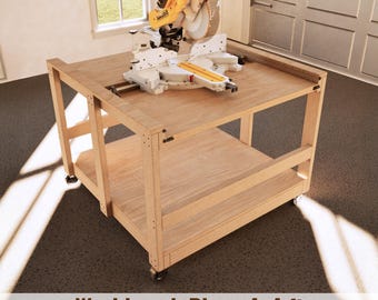 May include: A wooden workbench with a miter saw on top. The workbench has a lower shelf and is on wheels. The saw is yellow and white. The text at the bottom reads "Workbench Plans 4x4 ft".