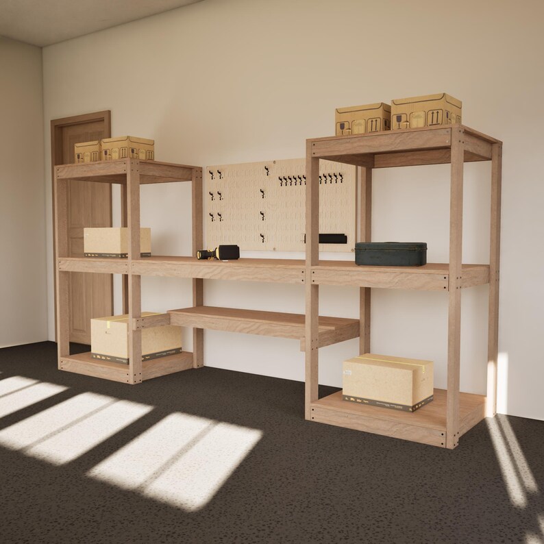 May include: A wooden workbench with multiple shelves and storage boxes. A pegboard with hooks and tools is mounted on the back. The workbench is in a well-lit room with a dark floor.