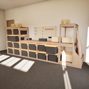 May include: A wooden storage unit with multiple shelves and compartments. The unit features a series of black bins with orange lids, arranged in rows. Several cardboard boxes are placed on the shelves. A pegboard and a wooden rack are also visible.