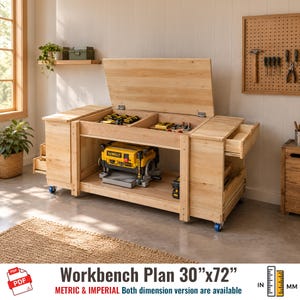 May include: A light-colored wooden workbench featuring a hinged top compartment, multiple side drawers, and a lower shelf holding a yellow DeWalt planer. The unit is mounted on blue casters. Text on the image reads: Workbench Plan 30"x72".