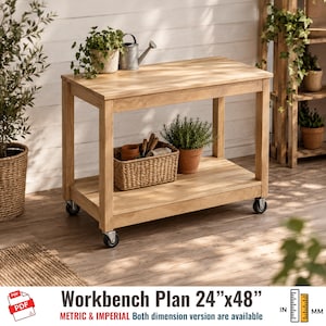 May include: A light-colored wooden workbench with a rectangular top and a lower shelf, supported by four legs with metal caster wheels. The text Workbench Plan 24"x48" is displayed at the bottom, indicating the dimensions in inches.