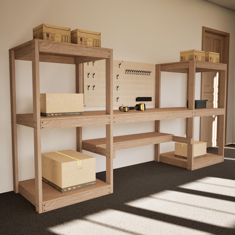 May include: A wooden workbench with multiple shelves and pegboards. Cardboard boxes are placed on the shelves. A cordless drill and a small black container are on the workbench. The workbench is in a room with a door.