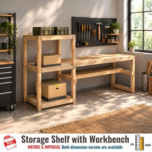 May include: A light-colored wooden storage shelf unit with three tiers and an attached workbench. The shelf holds two green storage boxes and two cardboard boxes. A black pegboard above the workbench displays various hand tools and small plants.
