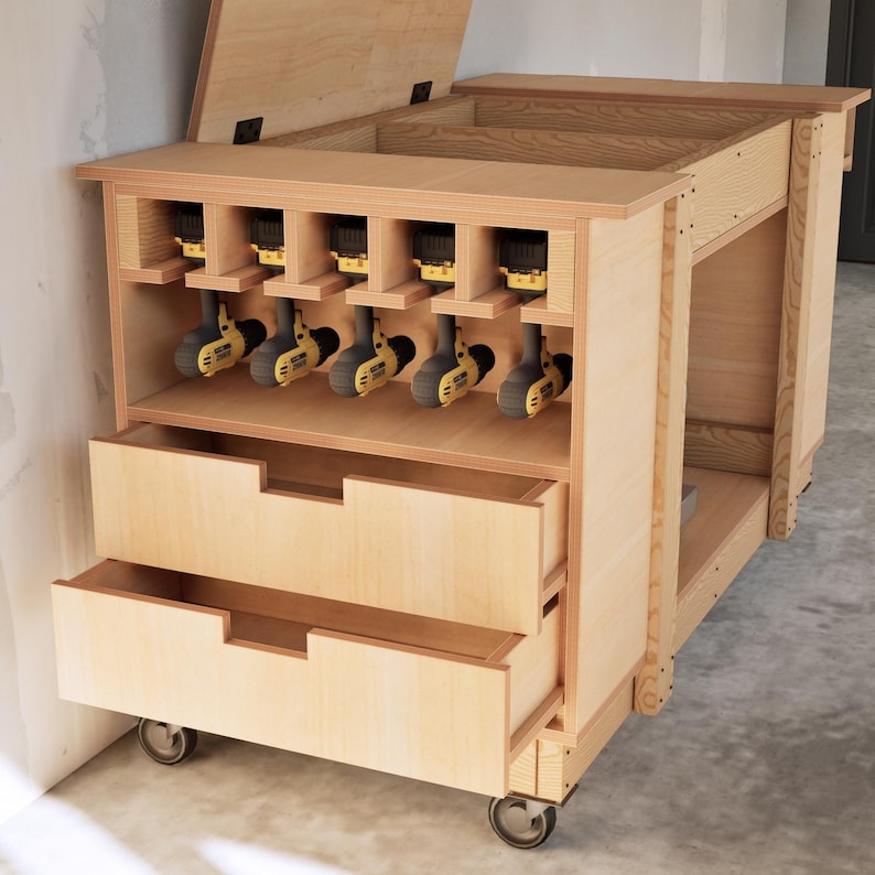 Förvaringsplaner för arbetsbänkar, verktygsskåp med fällbart lock, lådor, garageorganisatör i PDF-format bild 6