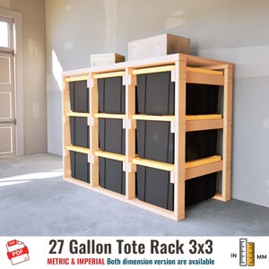 May include: A wooden storage rack with nine black storage bins. The rack is labeled "27 Gallon Tote Rack 3x3" and includes both metric and imperial dimensions. The rack is made of light-colored wood and has a simple design.
