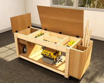 May include: A wooden workbench with multiple compartments and a hinged lid. The workbench features a yellow planer, various tools, and a storage area for lumber. The unit is on wheels for easy mobility.