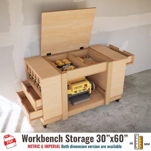 Förvaringsplaner för arbetsbänkar, verktygsskåp med fällbart lock, lådor, garageorganisatör i PDF-format bild 1